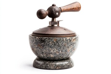 A vintage coffee grinder made of marble and metal on a white background isolated on transparent background