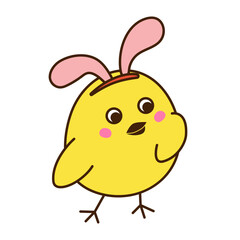 Cute little chicken with rabbit ears cartoon character isolated on white background. Vector art illustration in flat style. A separate element for your design.