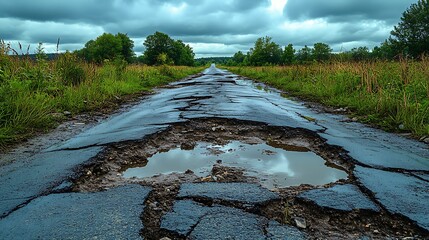 A deteriorated road surface with potholes surrounded by landscape