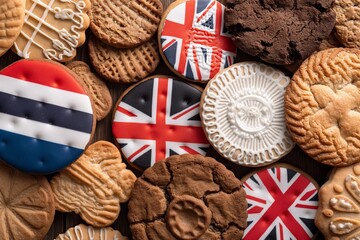 Assorted british flag themed cookies and biscuits displayed
