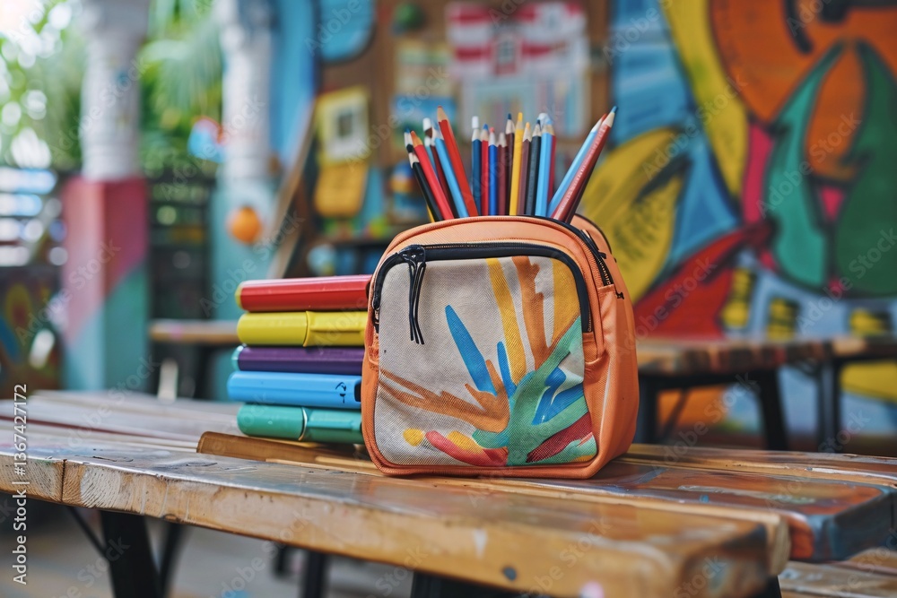 Poster orange backpack full of colorful pencils and markers is sitting on a desk in a colorful classroom, s