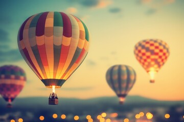 Obraz premium Colorful Hot Air Balloons Flying Over Scenic Landscape at Sunset