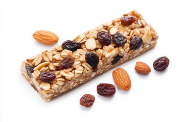 Nutritious granola bar with raisins and almonds on a clean surface isolated on transparent background
