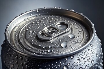 Cold Aluminum Can with Condensation - Refreshing Drink Stock Photo