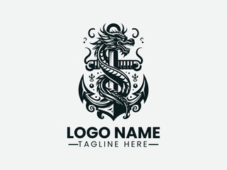 Dragon Anchor Vector Logo Design, Mythical Dragon Anchor Logo