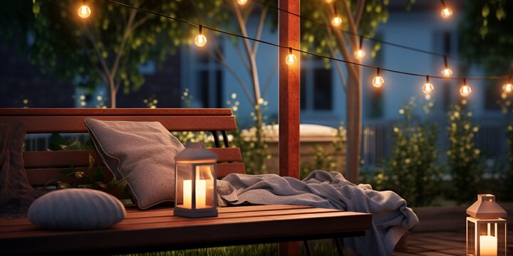 Cozy outdoor patio, wooden bench with pillows and lanterns, string lights at night, relaxing backyard ambiance