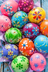 Obraz premium Vibrant Hand-Painted Easter Eggs with Unique Artistic Patterns Colorful Designs Arranged on Rustic Blue Wooden Surface with Festive Spring Elements for a Cheerful and Joyful Easter Holiday Celebration