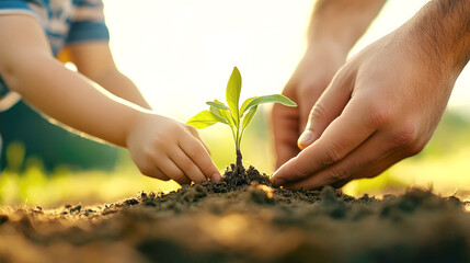 Fototapeta premium Nurturing growth: father and child caring for young plant together in nature