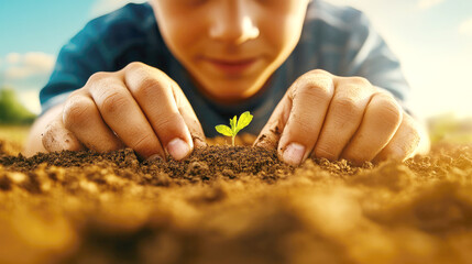 Father and child bonding through gardening, demonstrating plant care with close-up of hands and seedling growth