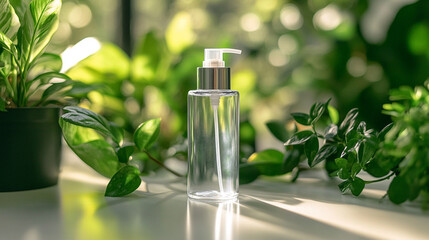 Clear bottle with pump amidst lush green plants