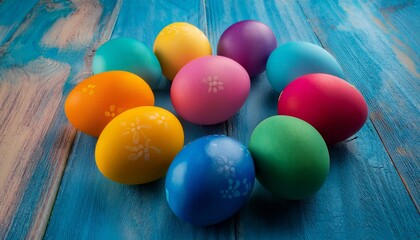 Obraz premium A vibrant arrangement of colorful Easter eggs on a rustic blue wooden surface, showcasing floral designs and a festive atmosphere.