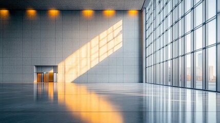 Modern concrete hall with glowing windows, embodying simplicity and clean minimalism in architectural design.