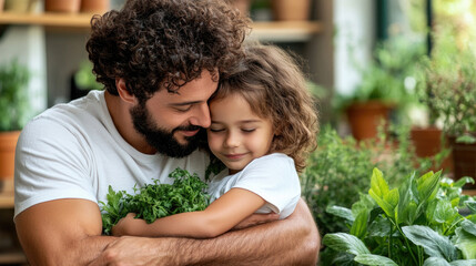 Obraz premium Heartwarming moment of parents embracing their child in a lush green garden setting