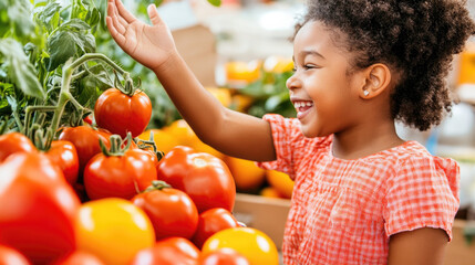 Joyful granddaughter exploring fresh tomatoes at local market with curious expression for grocery shopping inspiration