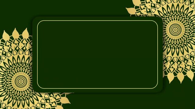 Elegant Dark Green and Gold Mandala Wedding Invitation Background. The sophisticated frame with golden accents provides a perfect space for personalized text, making it ideal for wedding invitation