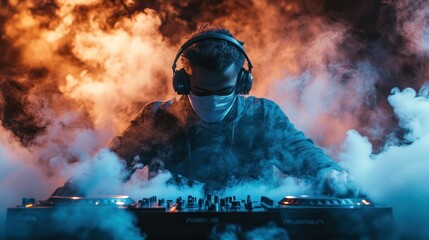 Obraz premium dj performing live in a smoky environment with a mask on mixing music on his decks with headphones during an electronic music event performance