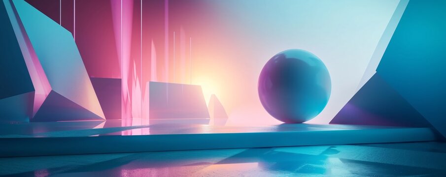 3d rendering of a blue sphere balancing on a platform in a surreal geometric pastel synthwave environment