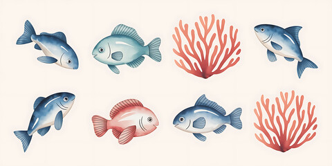 Cute watercolor fish and coral seamless pattern design
