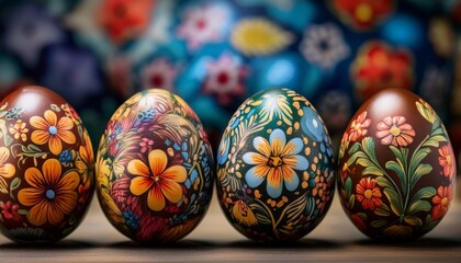 Fototapeta premium Colorful, hand-painted eggs adorned with floral designs, showcasing intricate artistry against a vibrant background.