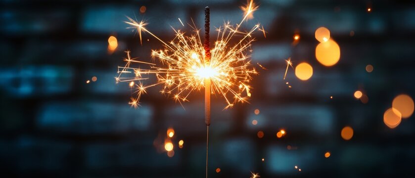 Bright sparkler igniting against rustic brick wall at night
