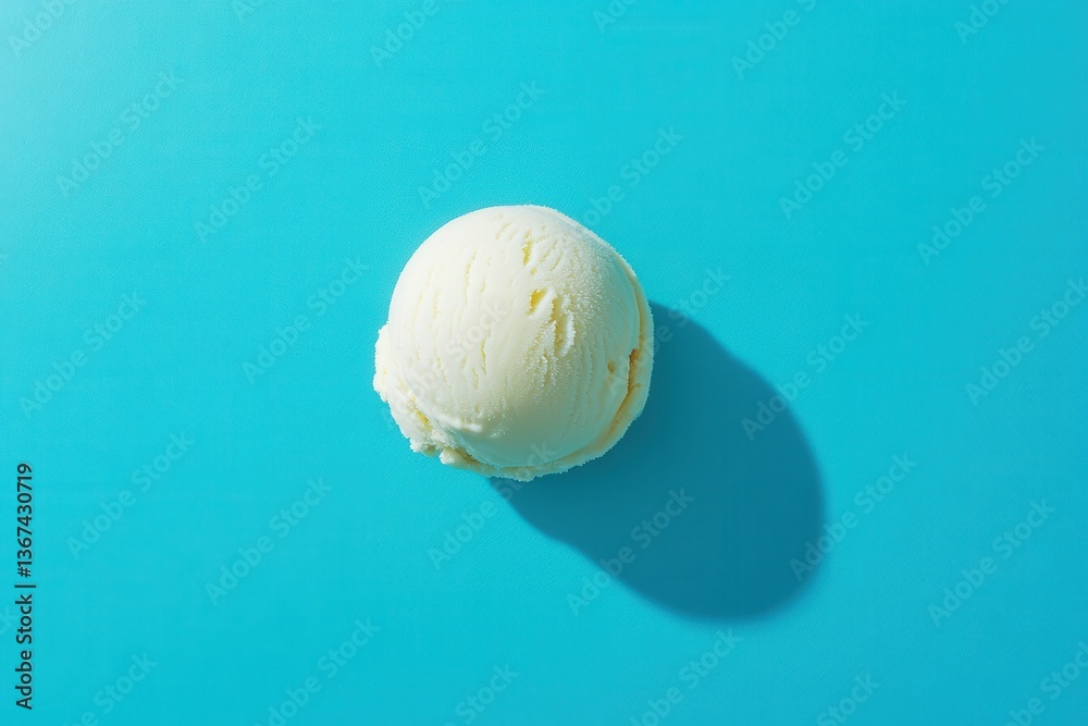 Poster refreshing vanilla ice cream scoop on a bright blue background inviting summer enjoyment and dessert