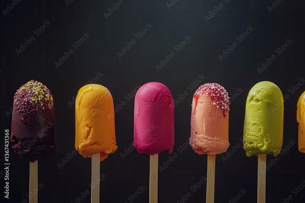 Poster Colorful ice pops arranged in a row against a dark background during a summer event