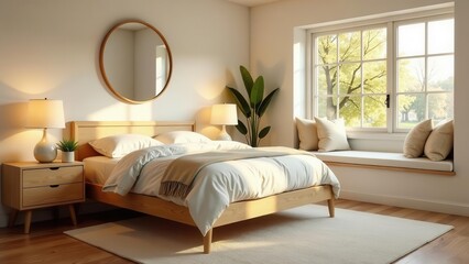 Fototapeta premium Serene Bedroom Sanctuary Light-filled room with wooden bed, soft bedding, and natural light streaming through a large window, creating a calming and peaceful atmosphere.