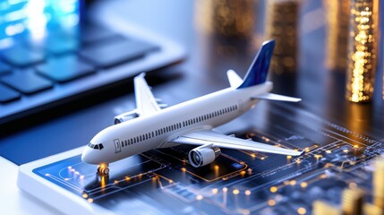Digital air travel and business connectivity concept with scaled model airplane on laptop computer keyboard representing the of aviation industry logistics and modern digital technology