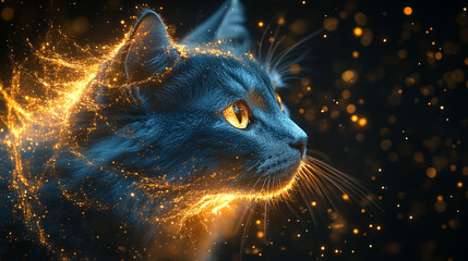 Cat with glowing fur and sparkling background at night