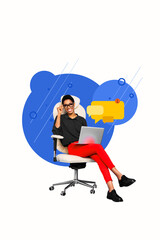 Trend image vertical photo collage of happy girl sit chair hold laptop bubble notification speech...