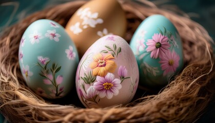 Fototapeta premium Colorful, hand-painted Easter eggs nestled in a natural nest, showcasing floral designs and vibrant colors, symbolizing spring and seasonal festivities.