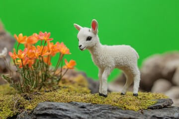 Obraz premium A small lamb stands near orange flowers and green background