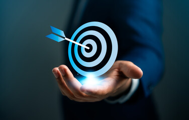 Business growth and strategy, Goal achievement, Business success, Businessman holding target icon,...