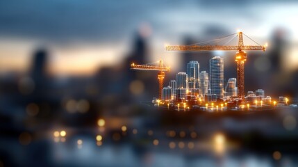 Naklejka premium Dazzling metropolitan skyline at dusk with illuminated high rise buildings skyscrapers and construction cranes against a cloudy sky reflecting on the calm river