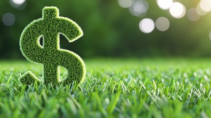 A green dollar sign made of grass stands on a lush lawn, symbolizing the connection between nature and wealth.