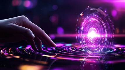 Obraz premium Futuristic hologram sphere with glowing ring and digital data flow visualization representing advanced technology innovation cyberpunk aesthetic and intelligence