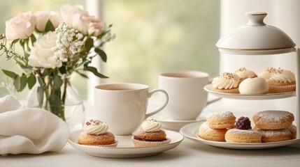 Fototapeta premium Cozy Afternoon Tea with Homemade Pastries and Elegant Ceramic Mugs on a Wooden Table Delightful still life arrangement featuring freshly baked treats hot beverages and a touch of vintage charm