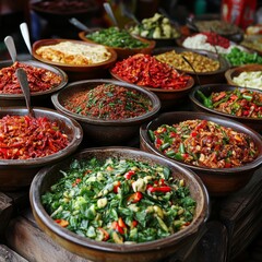 Fototapeta premium Assorted Asian fermented sauces and seasonings at a market stall