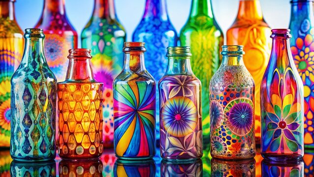Colorful Glass Bottles with Vibrant Patterns, Double Exposure Effect, Isolated on White