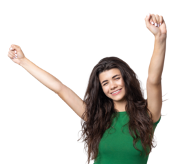 Happy young girl raises her fist up in delight! Successful victory gestures.