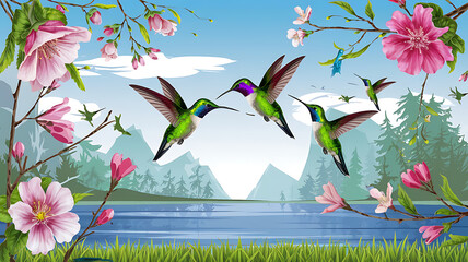 Springtime Hummingbirds over a Mountain Lake