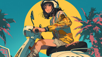 爽やかな夏空を背景にスクーターで旅をする明るく元気な少女のイラスト・1980年代レトロポップ調アニメ風背景素材・夏の日常風景・ノスタルジックで懐かしい青春時代・冒険する女の子