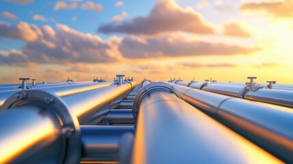 A close-up view of metallic pipelines extending towards a colorful sunset, showcasing industrial landscape and modern infrastructure, Green Technology.