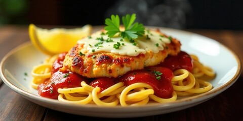 Aromatic Parmesan Crusted Chicken Breast Served with a Rich Tomato Sauce and Perfectly Cooked Pasta