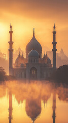 Naklejka premium Grand mosque in sunrise fog – peaceful islamic cityscape