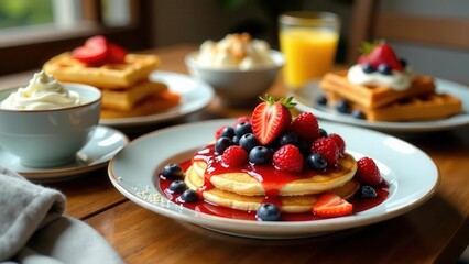 A delightful breakfast scene featuring fluffy pancakes topped with fresh berries and a luscious red sauce, accompanied by golden waffles and a dollop of whipped cream