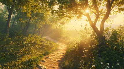 Fototapeta premium Sunlit trail through a vibrant forest landscape at the break of dawn