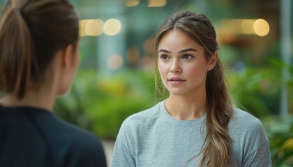 Achieve Your Fitness Goals See a dedicated personal trainer encouraging her client by reviewing clipboard data in a dynamic gym background This high-resolution image captures sweat and success