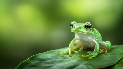 Naklejka premium vibrant green tree frog sits on leaf, surrounded by lush green background