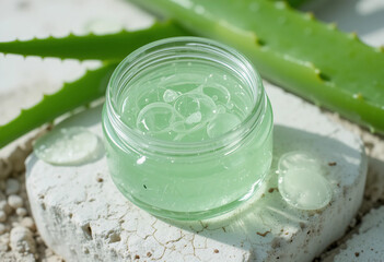 A clear glass jar filled with freshly extracted aloe vera gel